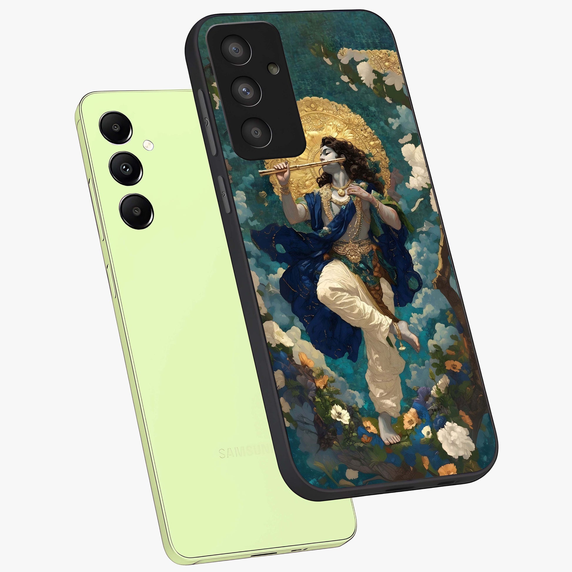Divine Krishna Art Glass Case displayed in angled mockup highlighting spiritual Krishna illustration with devotional aesthetic.
