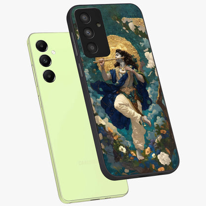 Divine Krishna Art Glass Case displayed in angled mockup highlighting spiritual Krishna illustration with devotional aesthetic.