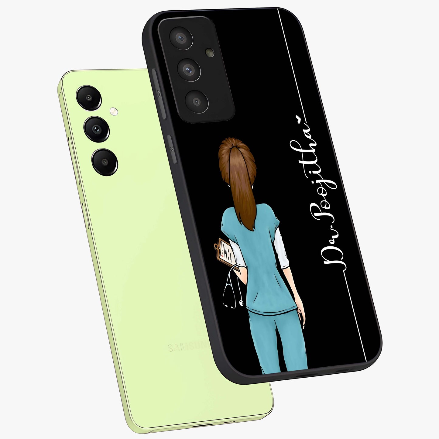 Doctor Pattern Custom Name Glass Case displayed in angled mockup highlighting doctor inspired artwork with custom name feature.