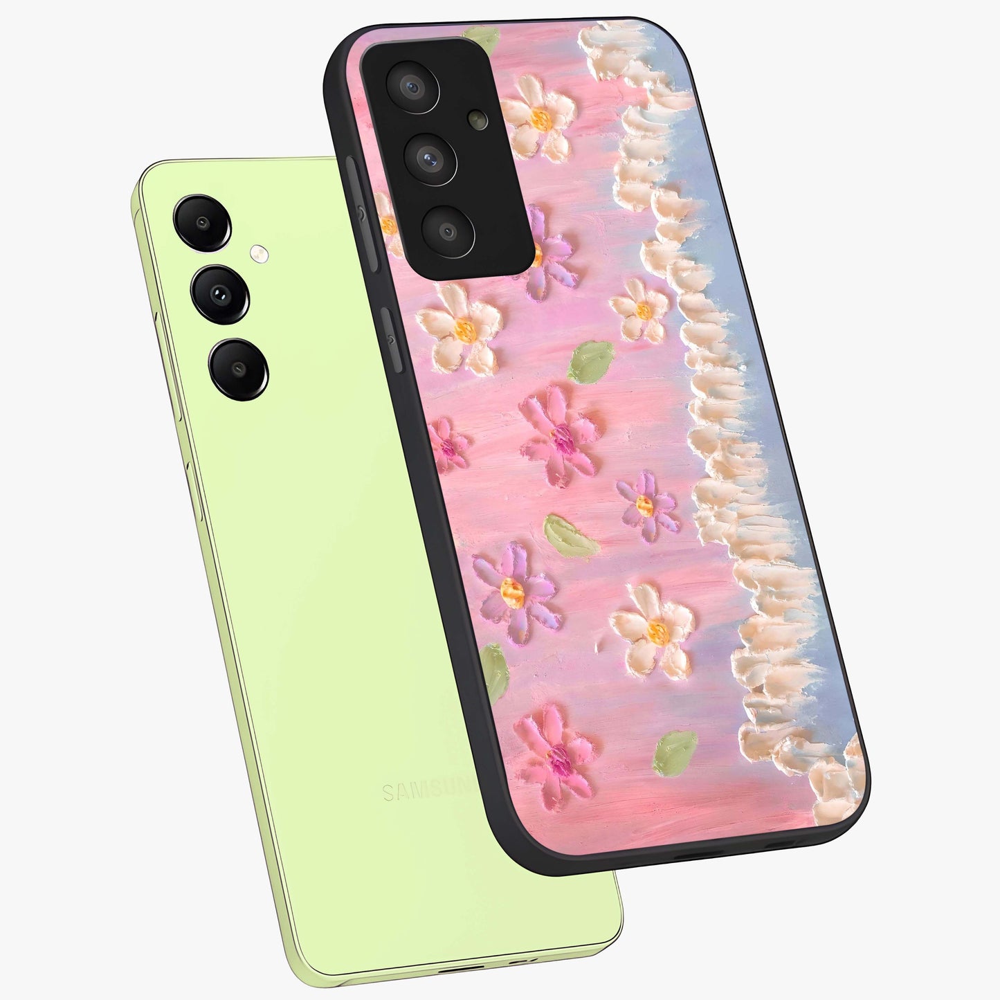 Dreamy Painted Garden Glass Case displayed in angled mockup highlighting colorful garden illustration with dreamy aesthetic style.