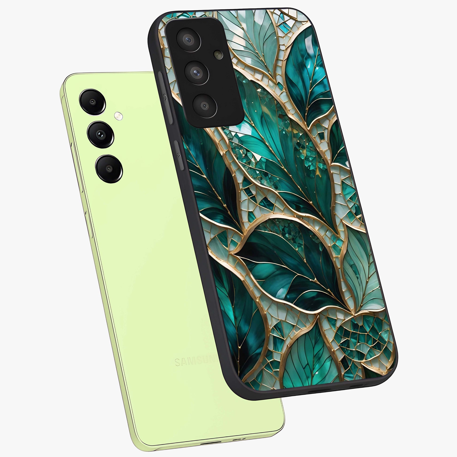 Emerald Leaf Glass Glass Case displayed in angled mockup highlighting botanical leaf illustration with elegant natural aesthetic.