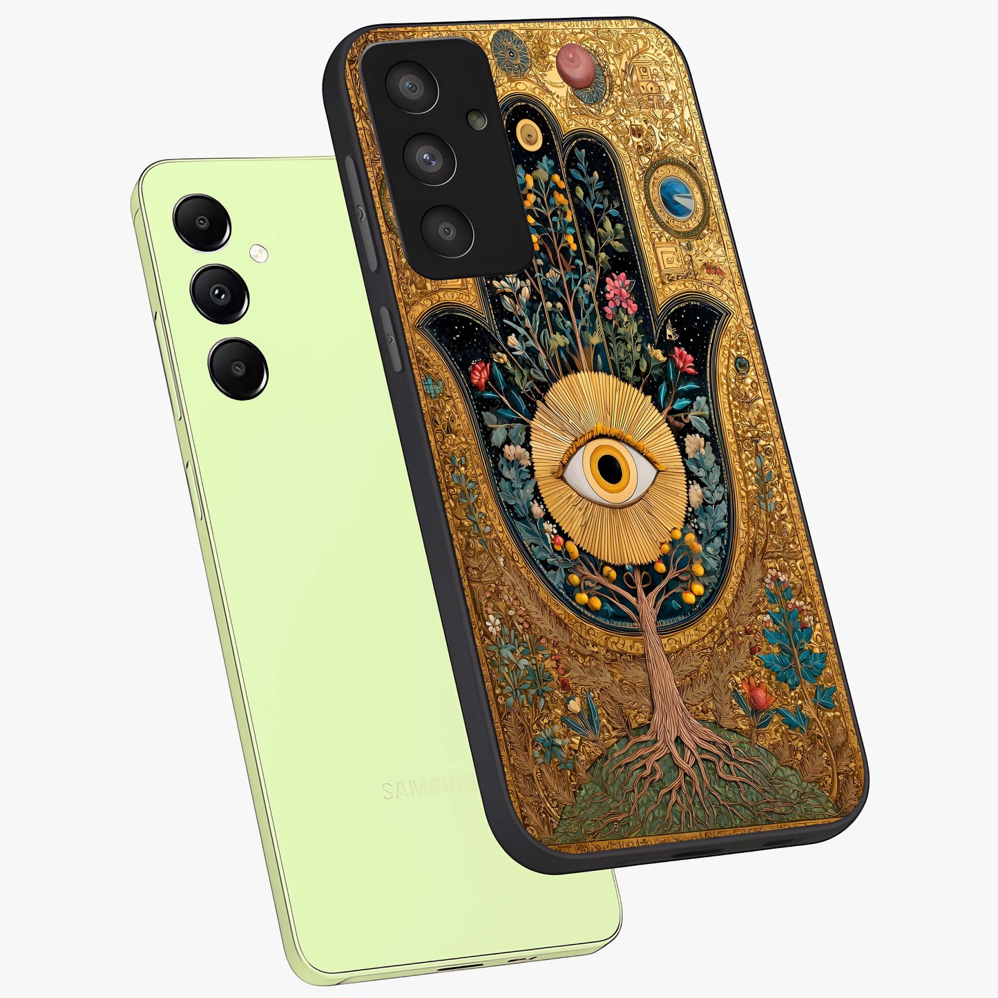 Ethereal Evil Eye Glass Case displayed in angled mockup highlighting protective evil eye symbol with spiritual aesthetic design.