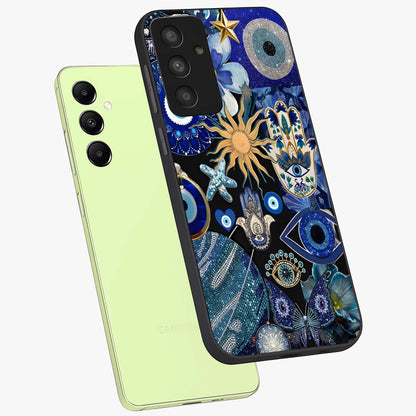 Evil Eye Charm Mix Glass Case displayed in angled mockup highlighting protective evil eye symbols with spiritual aesthetic design.