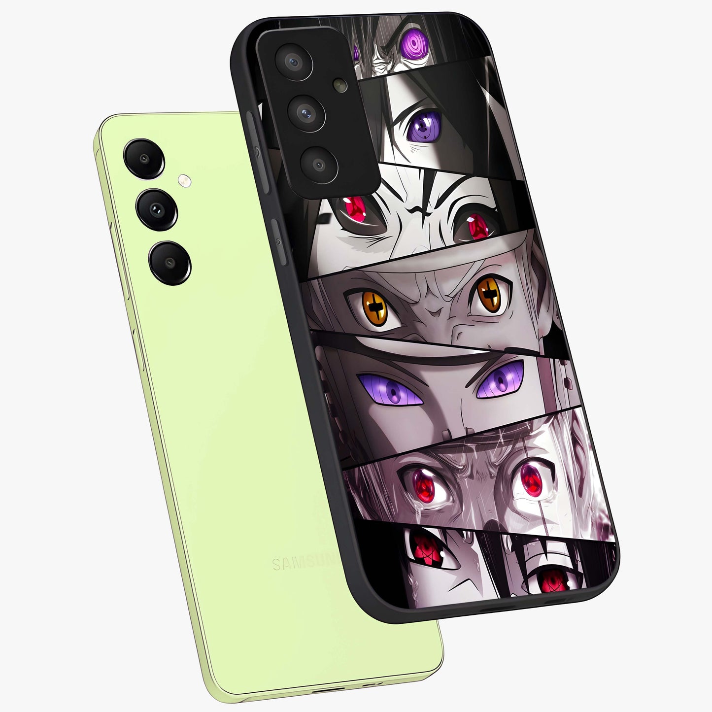 Eyes of Destiny Glass Case displayed in angled mockup highlighting bold eye illustration with mystical aesthetic style.