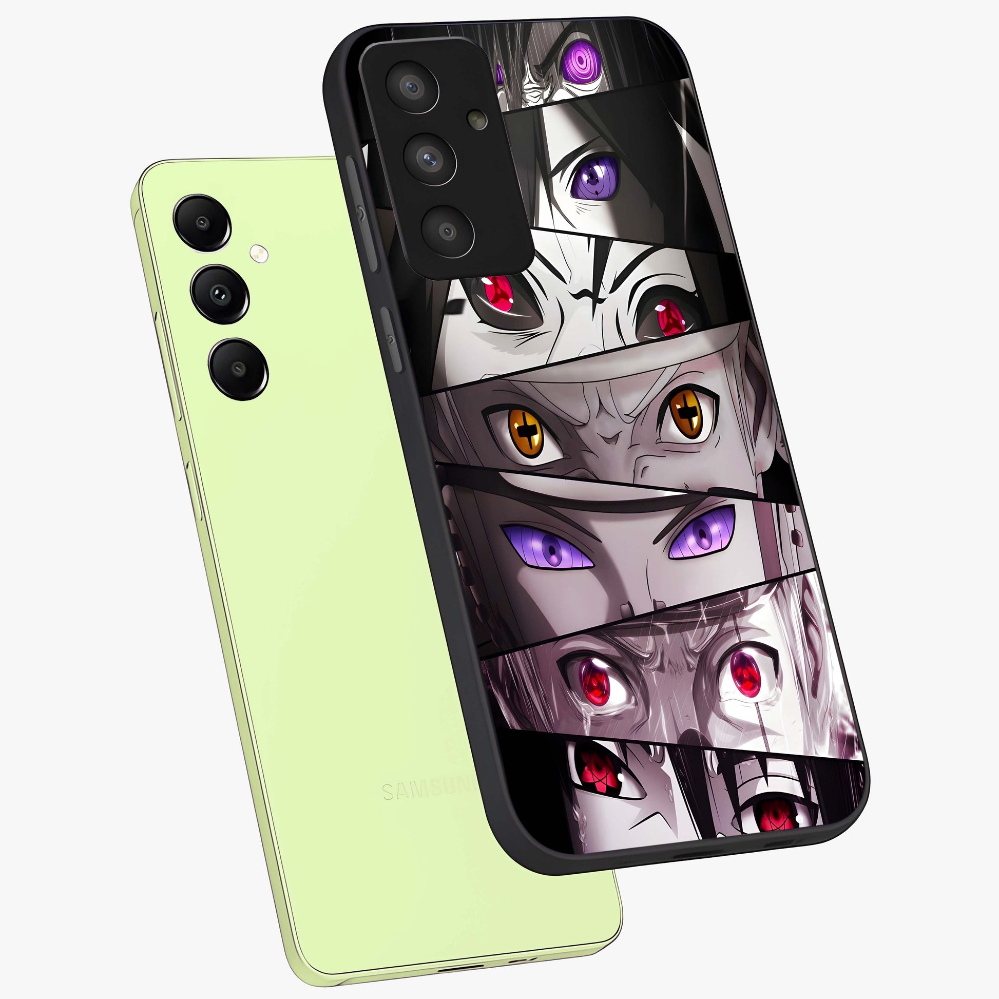 Eyes of Destiny Glass Case displayed in angled mockup highlighting bold eye illustration with mystical aesthetic style.