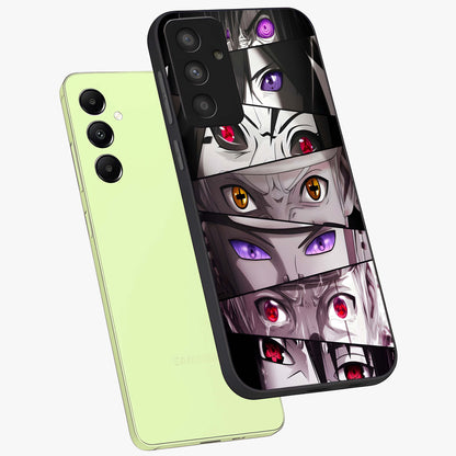 Eyes of Destiny Glass Case displayed in angled mockup highlighting bold eye illustration with mystical aesthetic style.