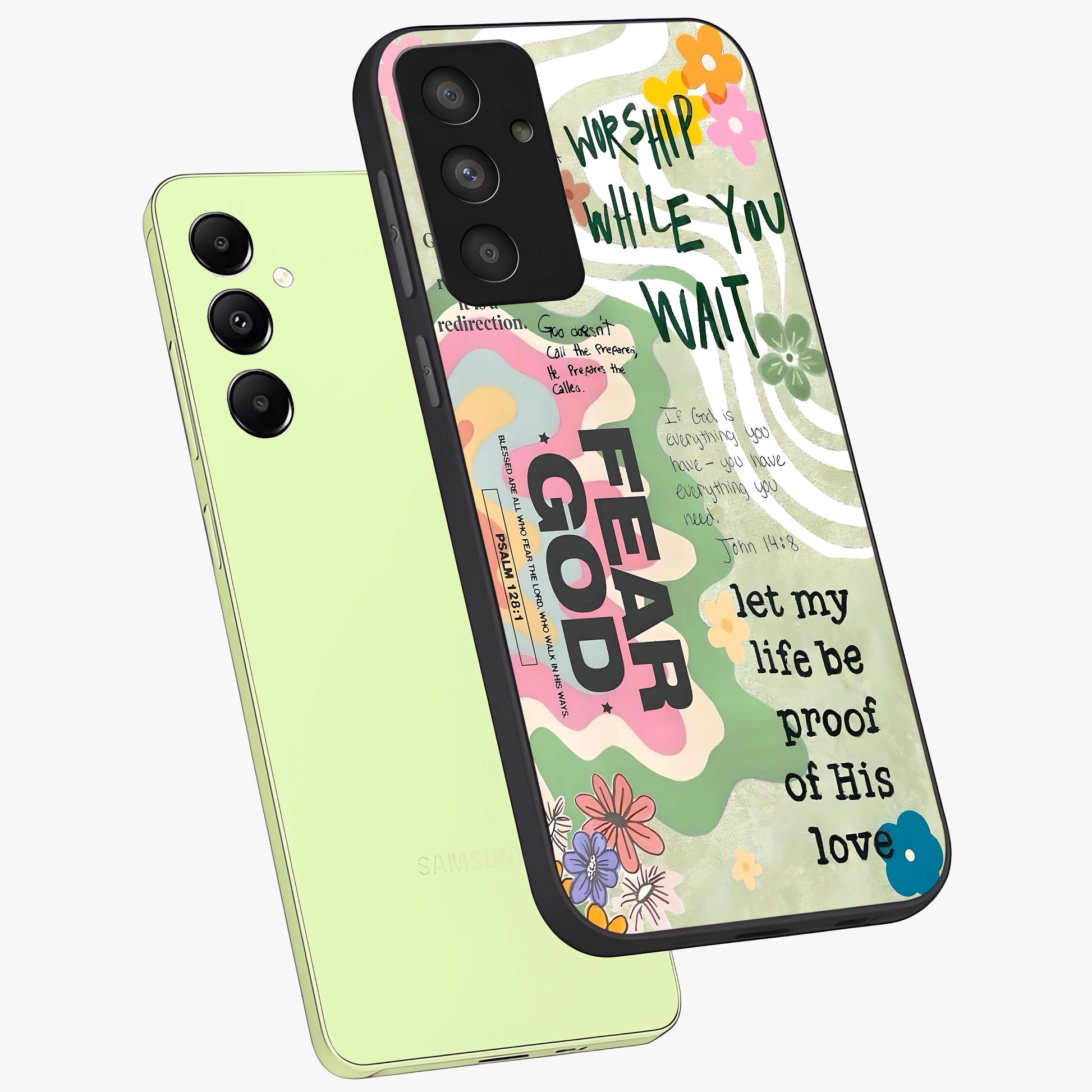 Faith Over Fear Glass Case displayed in angled mockup highlighting inspirational message design with modern aesthetic style.
