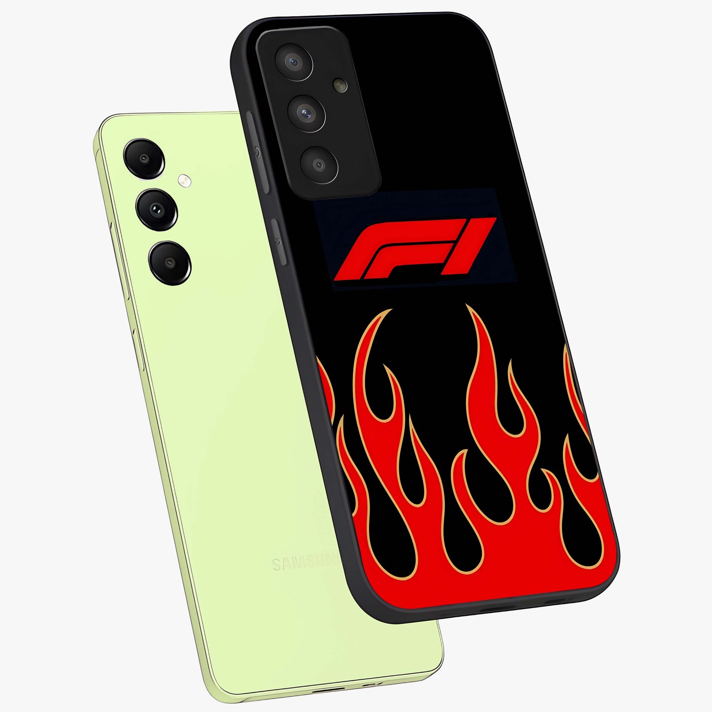 Fire F11 Glass Case displayed in angled mockup highlighting bold fire inspired graphic with energetic aesthetic style.