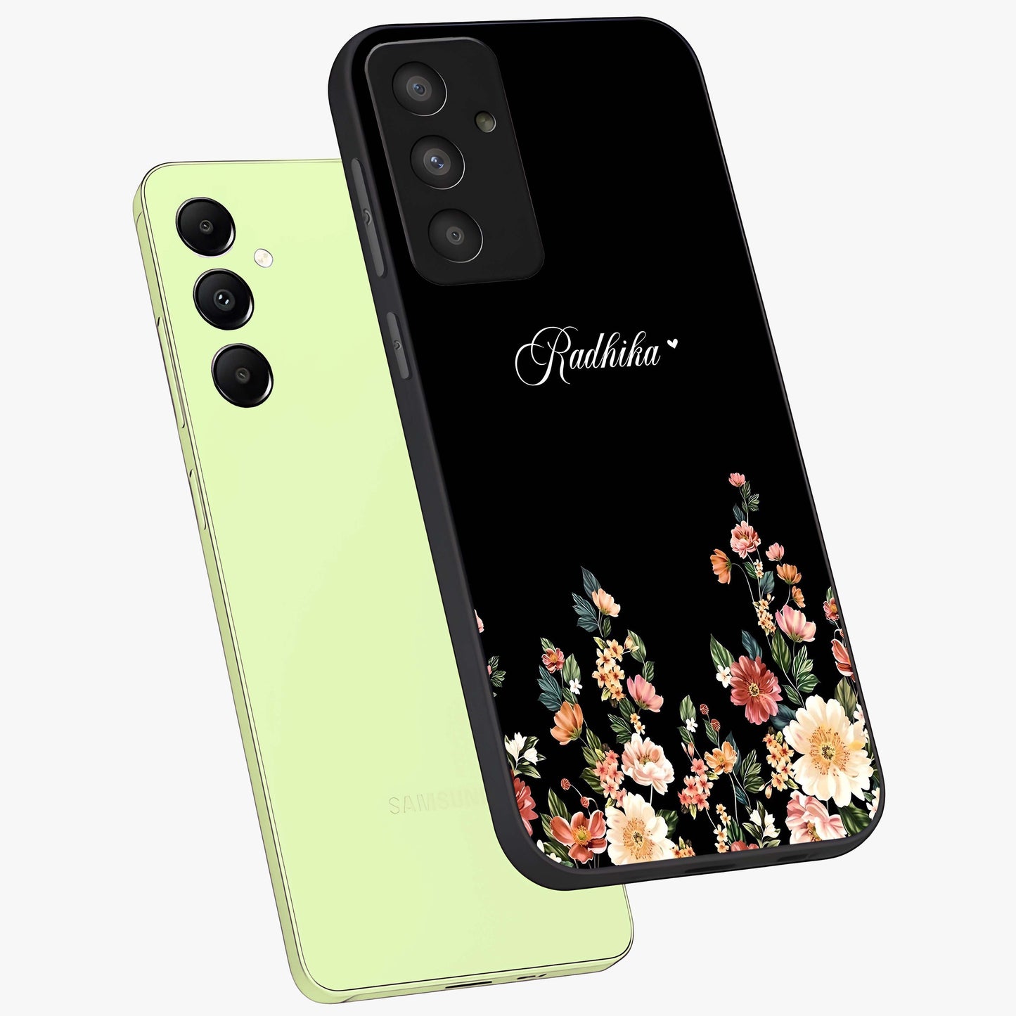 Floral Design With a Custom Personalized Name Glass Case displayed in angled mockup highlighting elegant floral pattern with custom name feature.