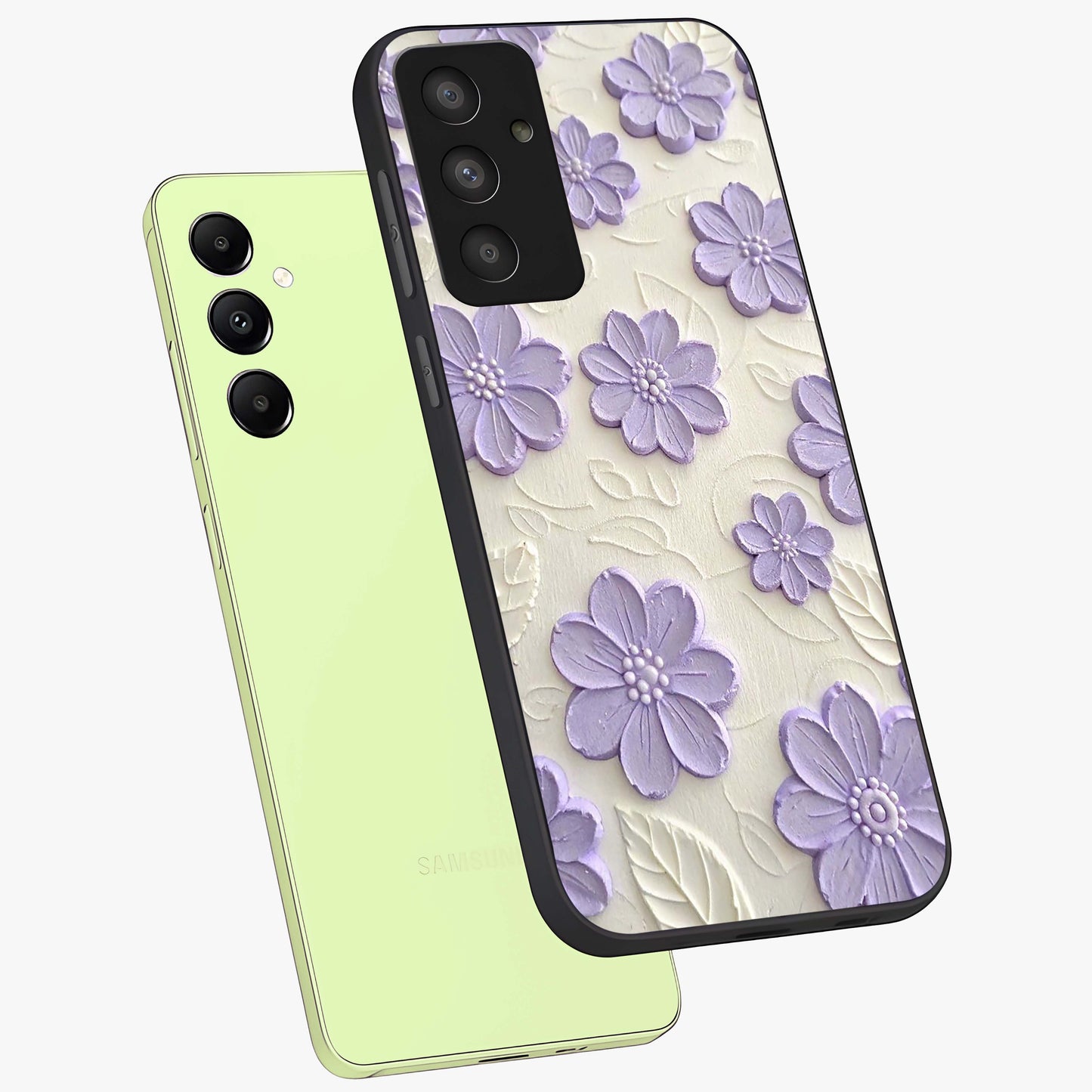 Floral Wall Art With Purple Flowers Glass Case displayed in angled mockup highlighting vibrant purple floral illustration with artistic aesthetic.