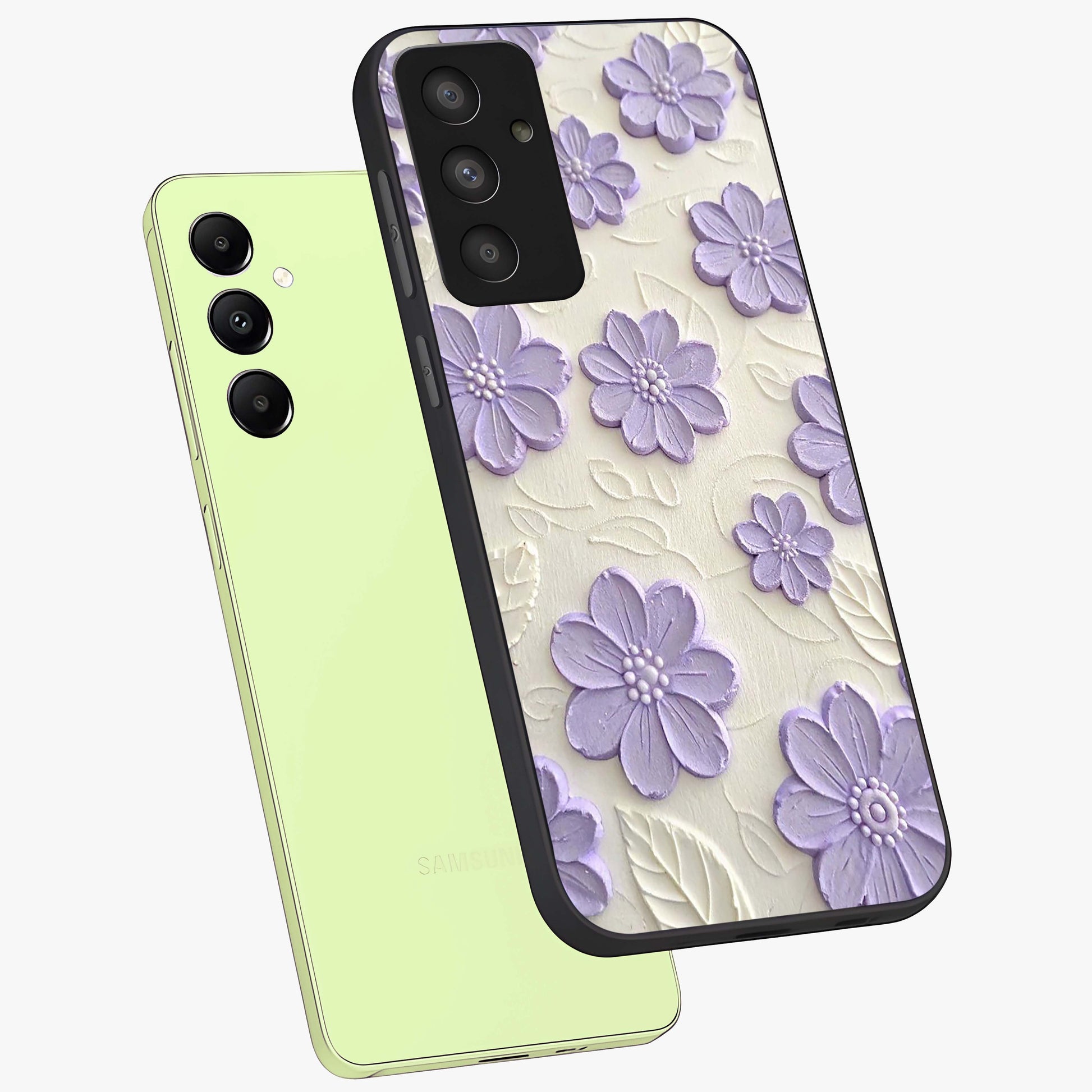 Floral Wall Art With Purple Flowers Glass Case displayed in angled mockup highlighting vibrant purple floral illustration with artistic aesthetic.