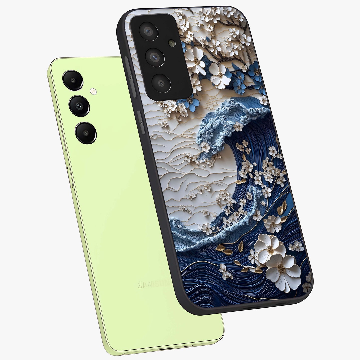 Floral Wave Origami Glass Case displayed in angled mockup highlighting geometric origami flower design with modern aesthetic style.