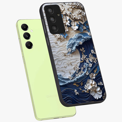 Floral Wave Origami Glass Case displayed in angled mockup highlighting geometric origami flower design with modern aesthetic style.