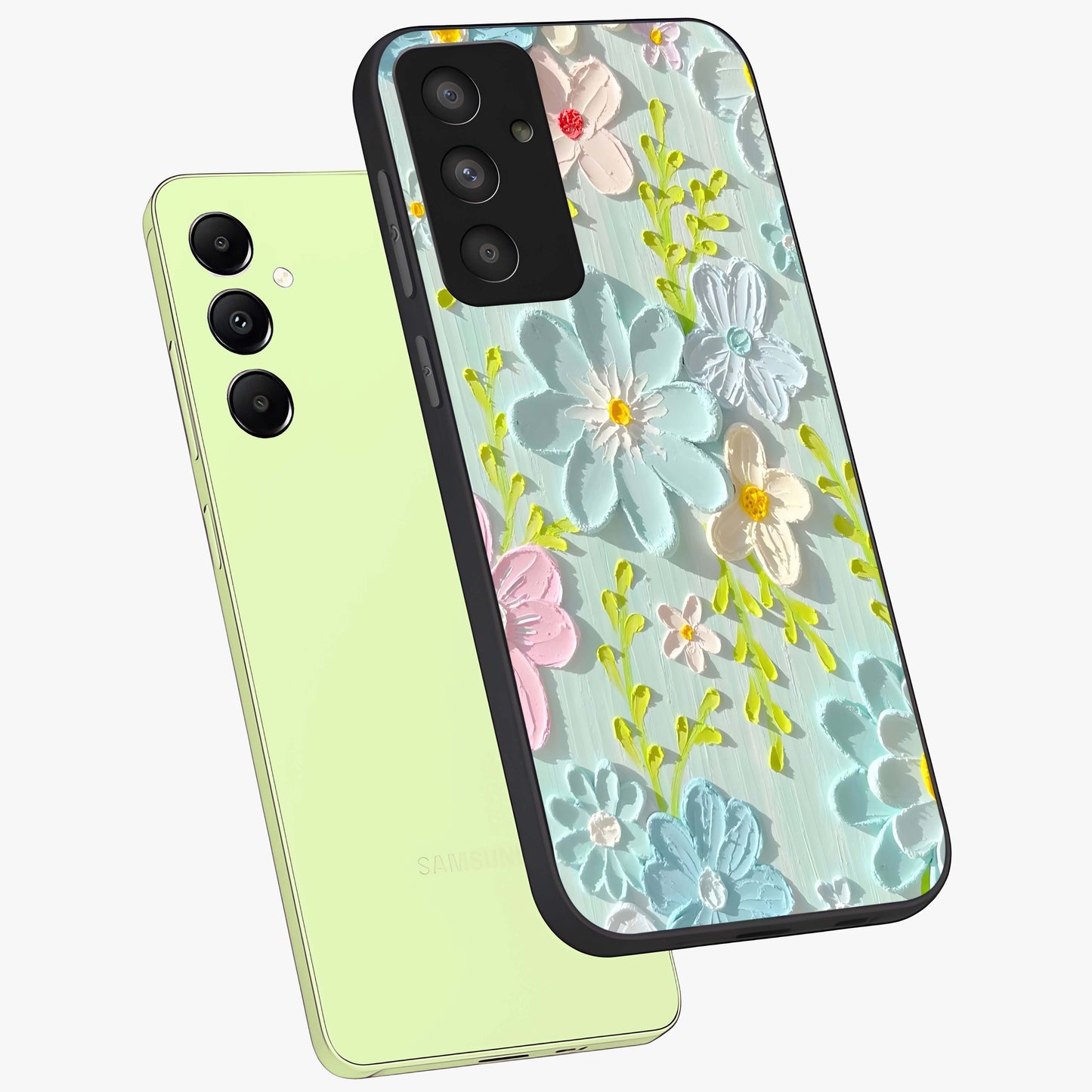 Frosted Petal Garden Glass Case displayed in angled mockup highlighting delicate flower petal design with calm garden aesthetic.