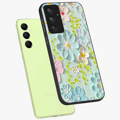 Frosted Petal Garden Glass Case displayed in angled mockup highlighting delicate flower petal design with calm garden aesthetic.