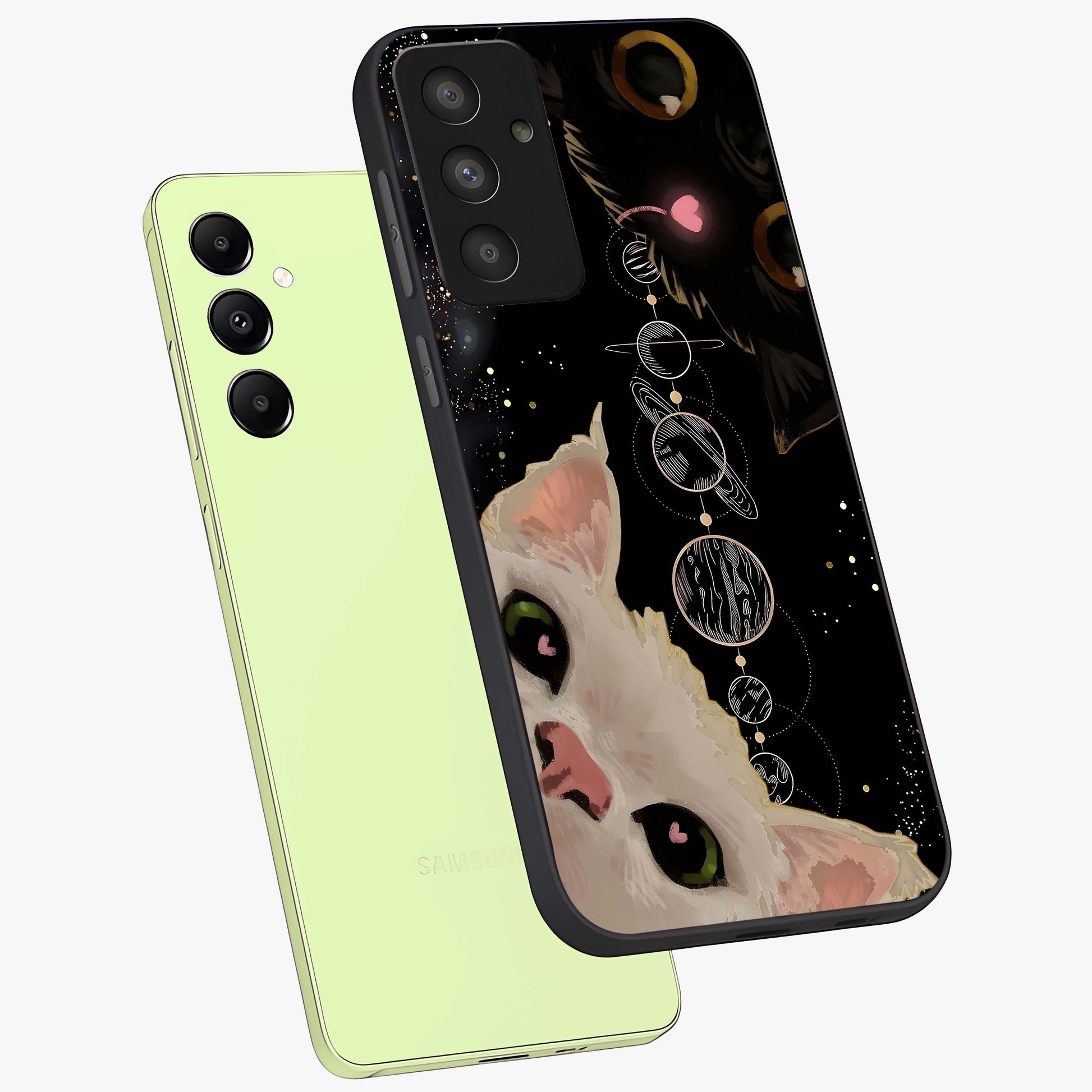Galactic Cat Glass Case displayed in angled mockup highlighting celestial feline illustration with galaxy aesthetic style.
