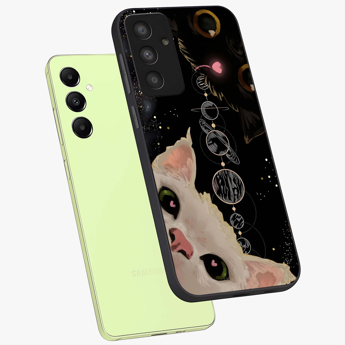 Galactic Cat Glass Case displayed in angled mockup highlighting celestial feline illustration with galaxy aesthetic style.