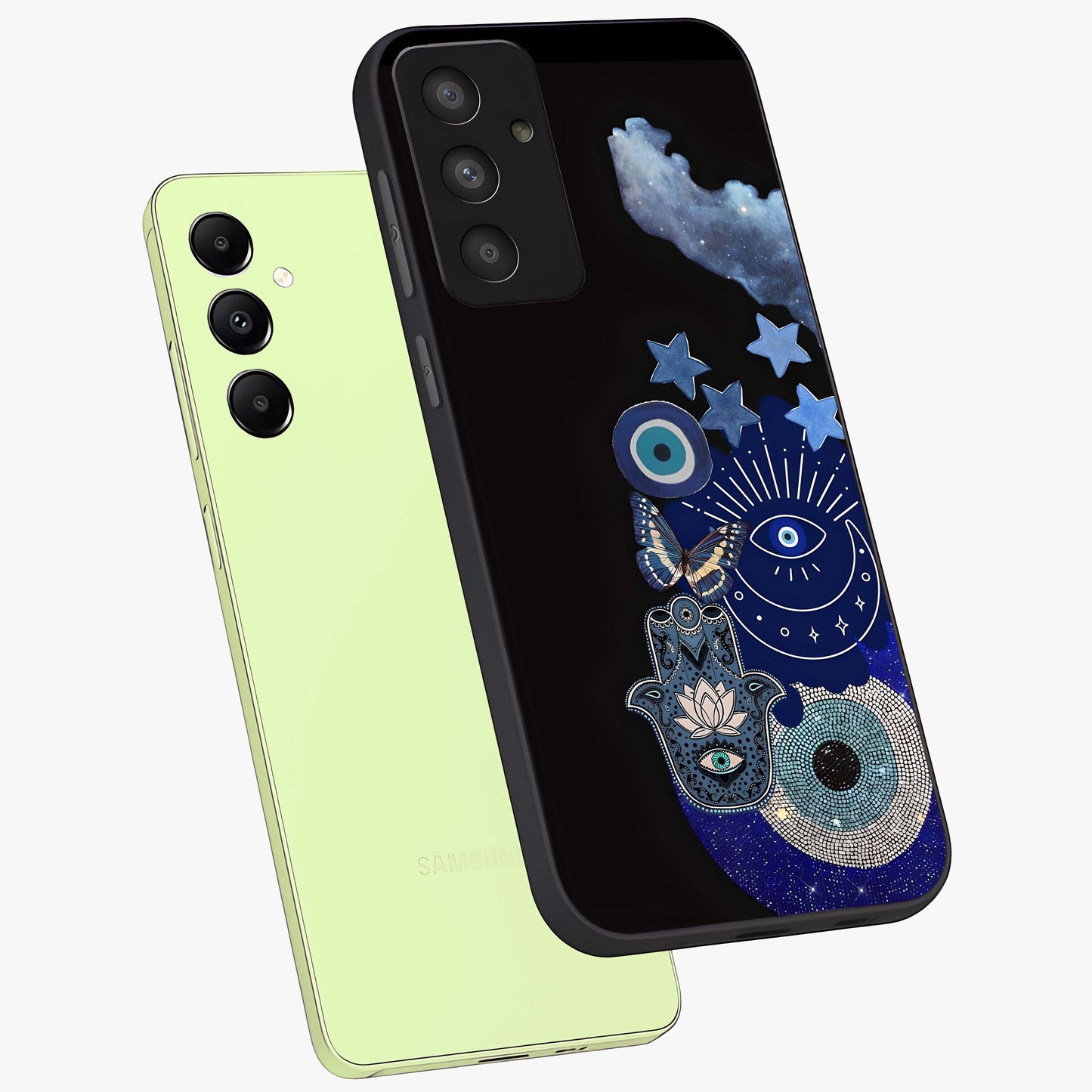 Galactic Charm Cluster Glass Case displayed in angled mockup highlighting luminous galaxy inspired design with dreamy aesthetic.