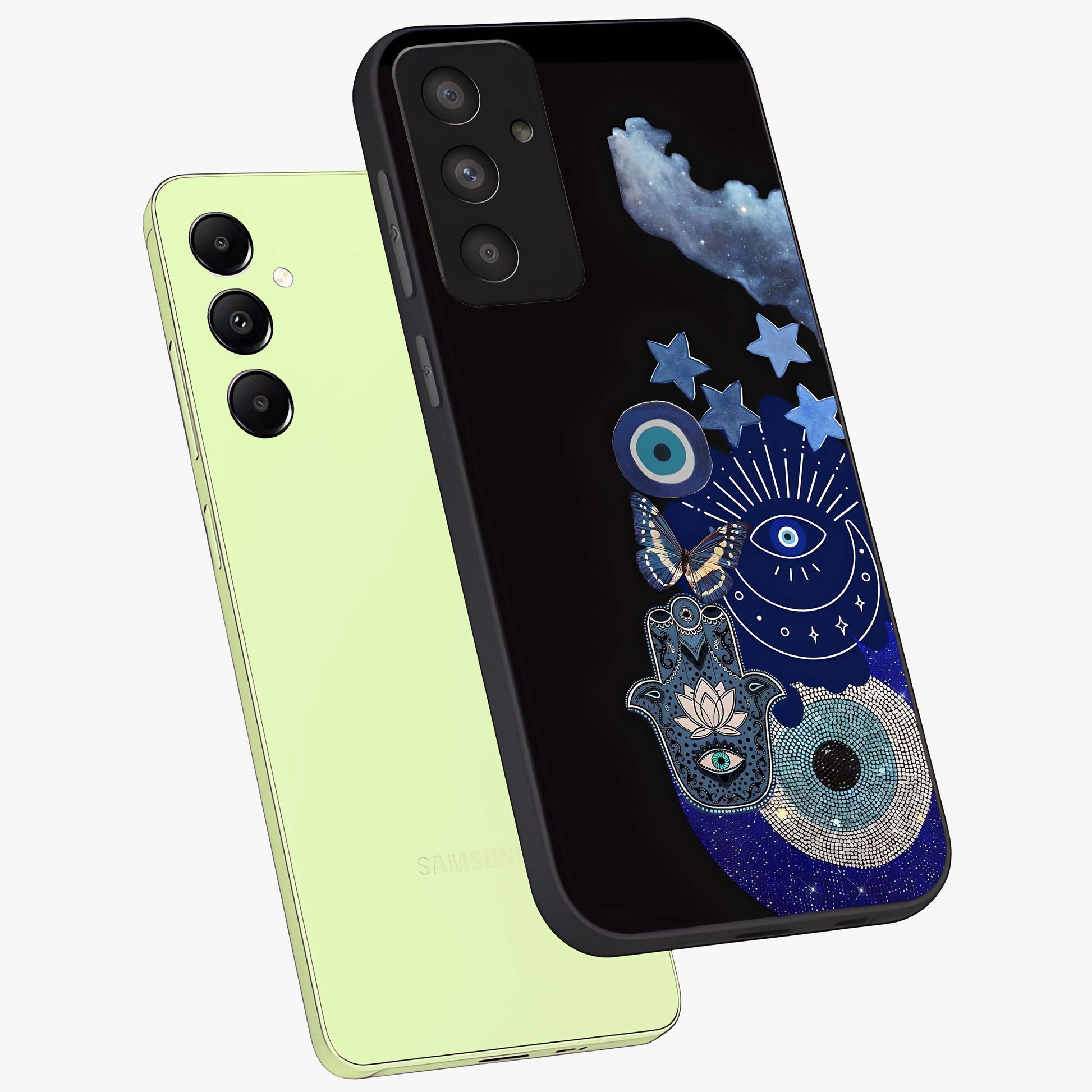 Galactic Charm Cluster Glass Case displayed in angled mockup highlighting luminous galaxy inspired design with dreamy aesthetic.