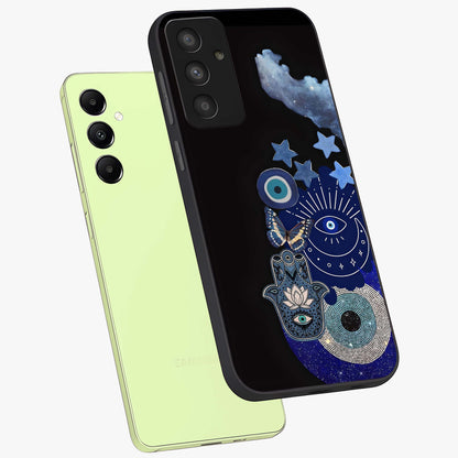 Galactic Charm Cluster Glass Case displayed in angled mockup highlighting luminous galaxy inspired design with dreamy aesthetic.