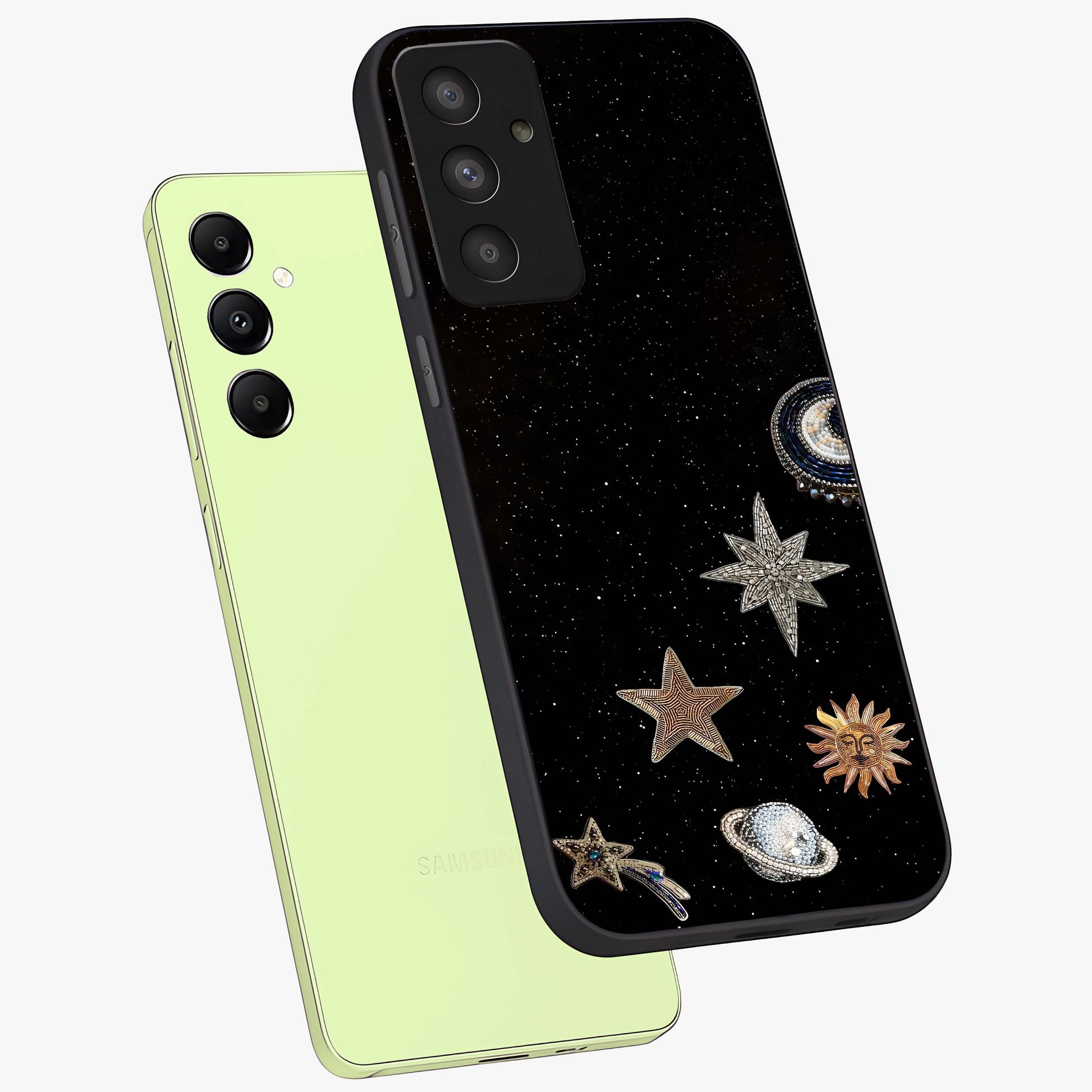 Galactic Charm Glow Glass Case displayed in angled mockup highlighting luminous galaxy inspired design with dreamy aesthetic.