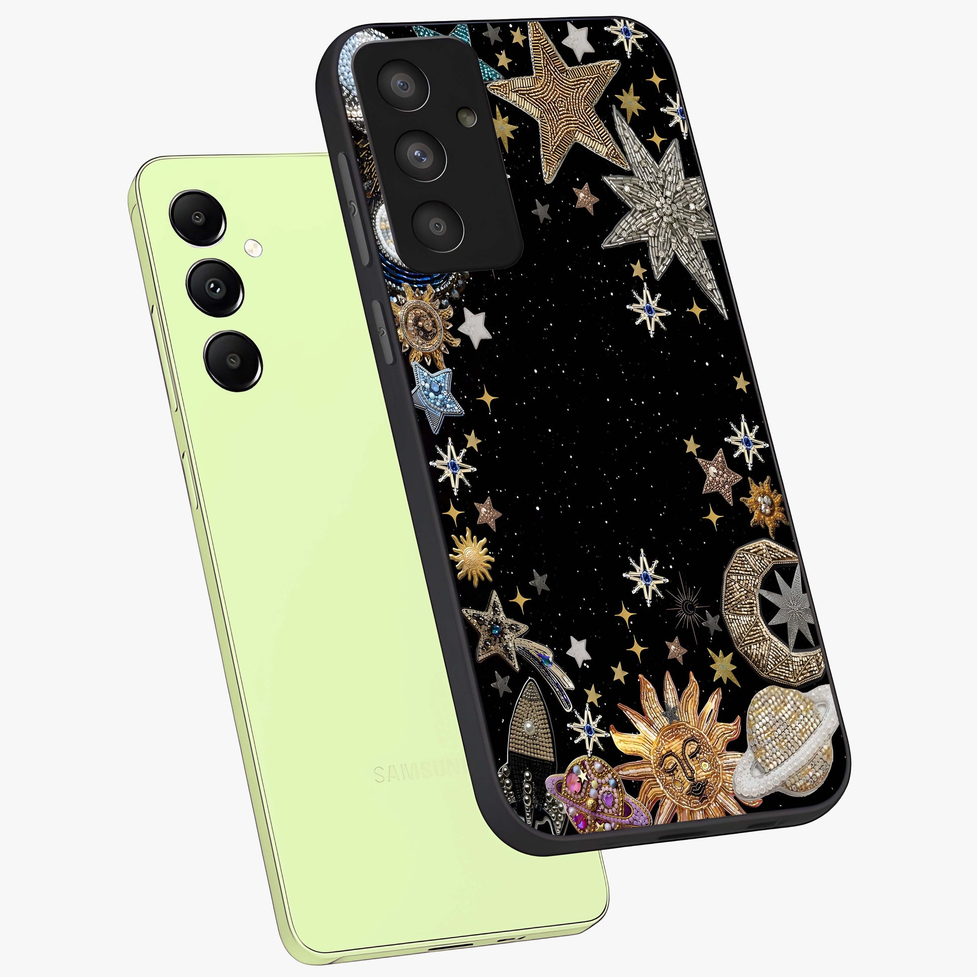 Galactic Jewel Stars Glass Case displayed in angled mockup highlighting shining celestial star design with cosmic aesthetic style.