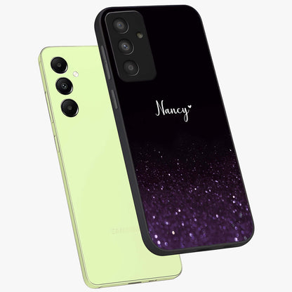 Glittery Purple Bokeh Custom Name Glass Case displayed in angled mockup highlighting glitter bokeh pattern with custom name feature.