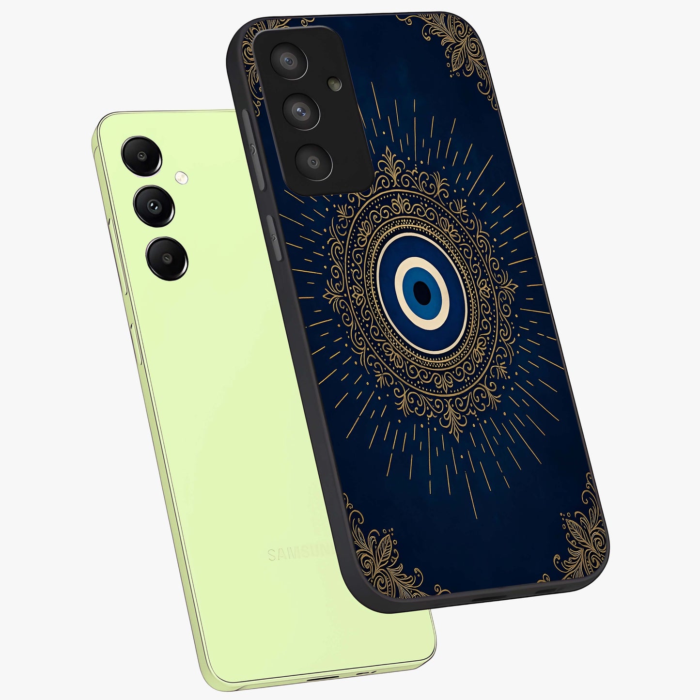 Golden Celestial Charm Glass Case displayed in angled mockup highlighting sparkling cosmic charm design with celestial aesthetic.