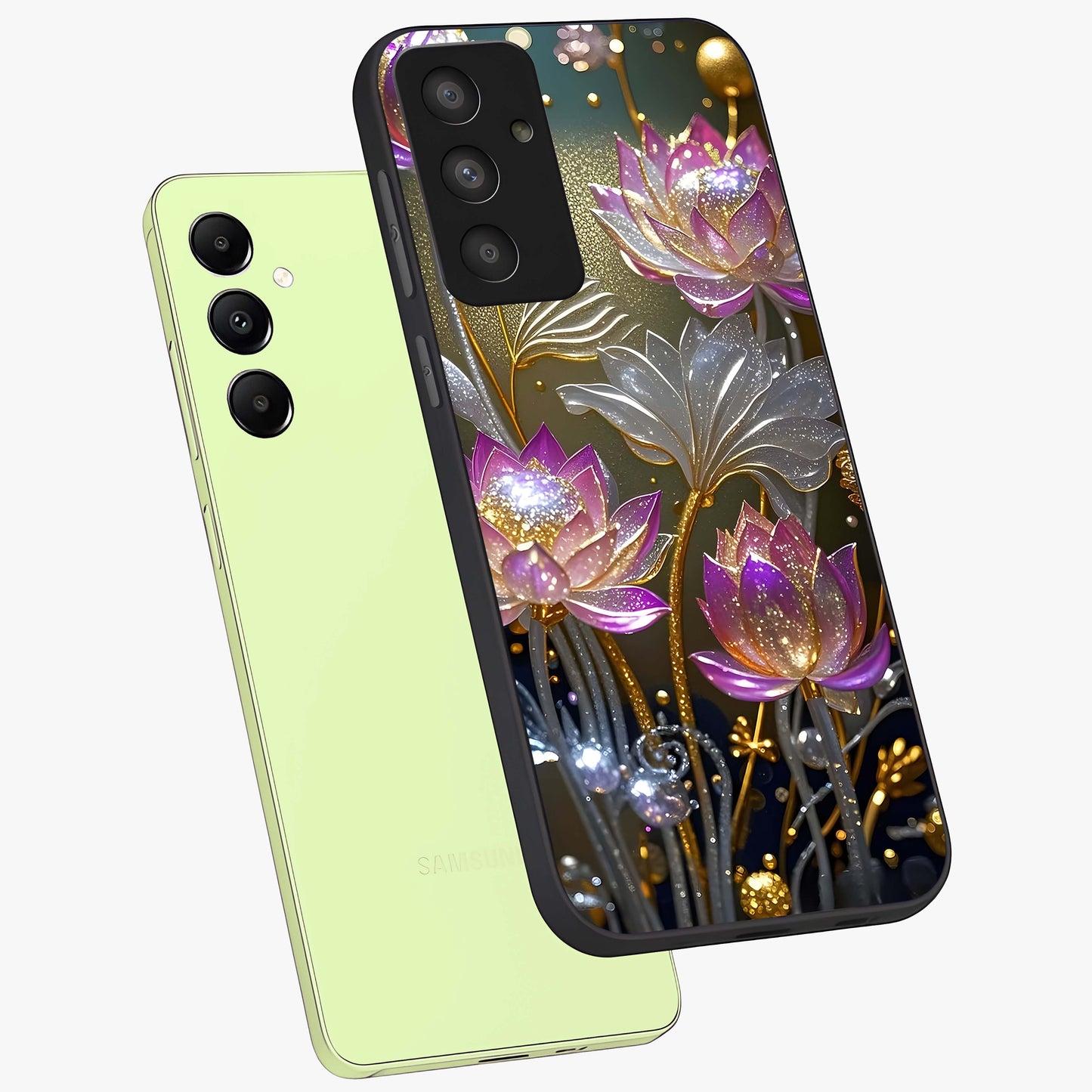 Golden Floral Majesty Glass Case displayed in angled mockup highlighting elegant flower design with royal golden aesthetic.