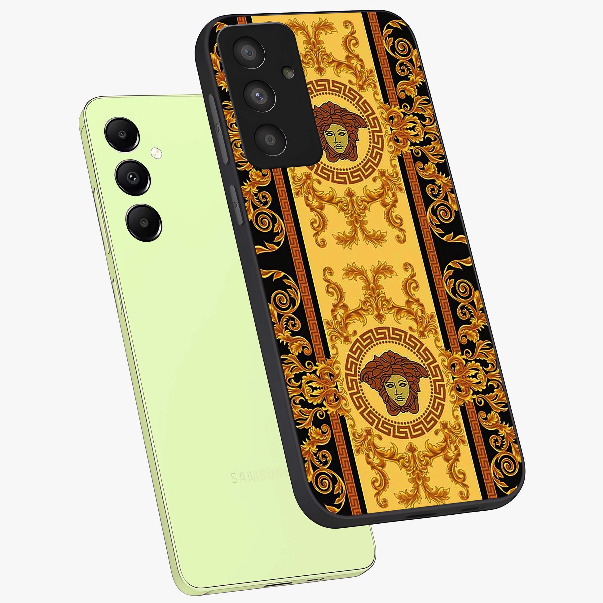 Golden Lotus Glow Glass Case displayed in angled mockup highlighting radiant lotus illustration with spiritual aesthetic.