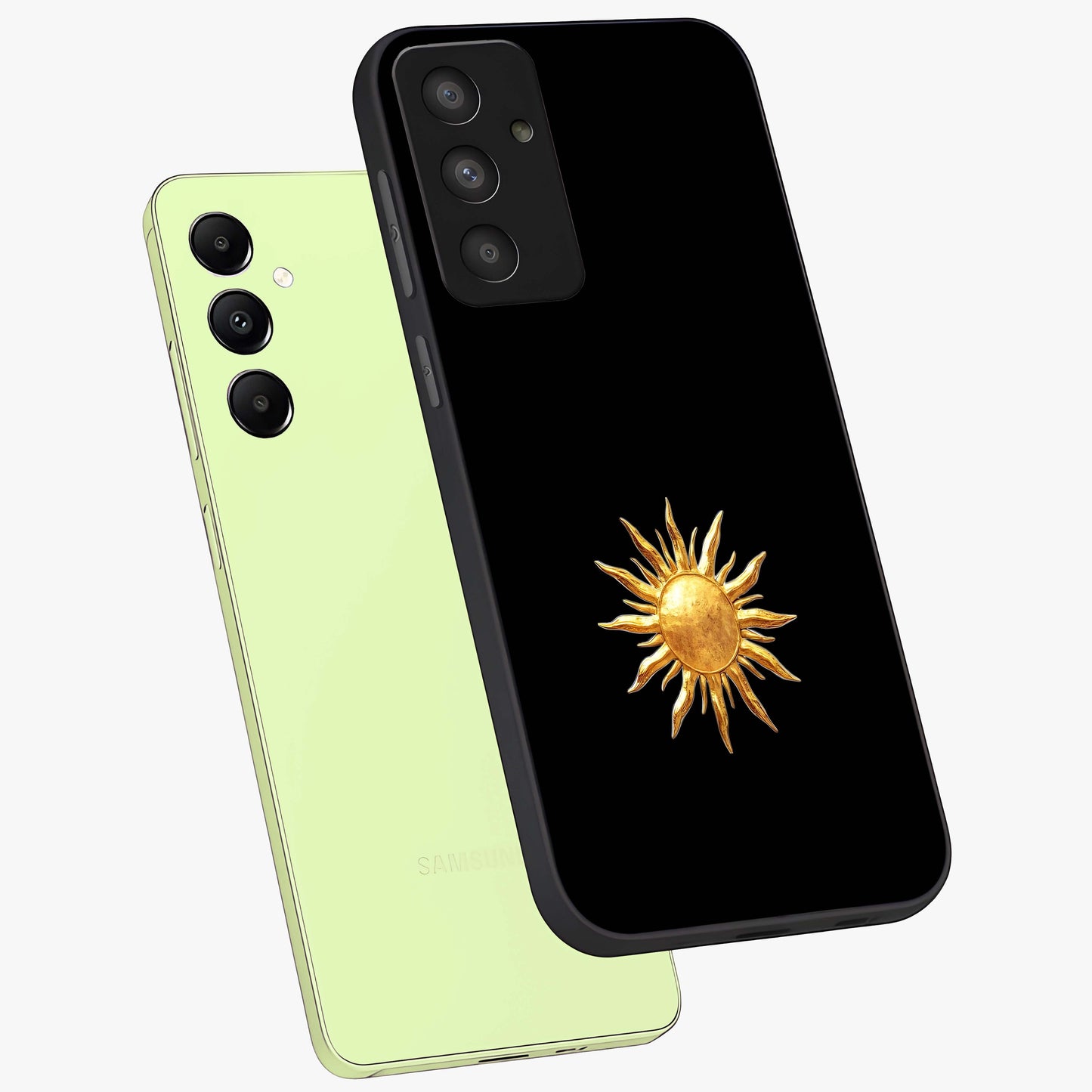 Golden Sun Minimalism Glass Case displayed in angled mockup highlighting eerie shadow illustration with gothic aesthetic.