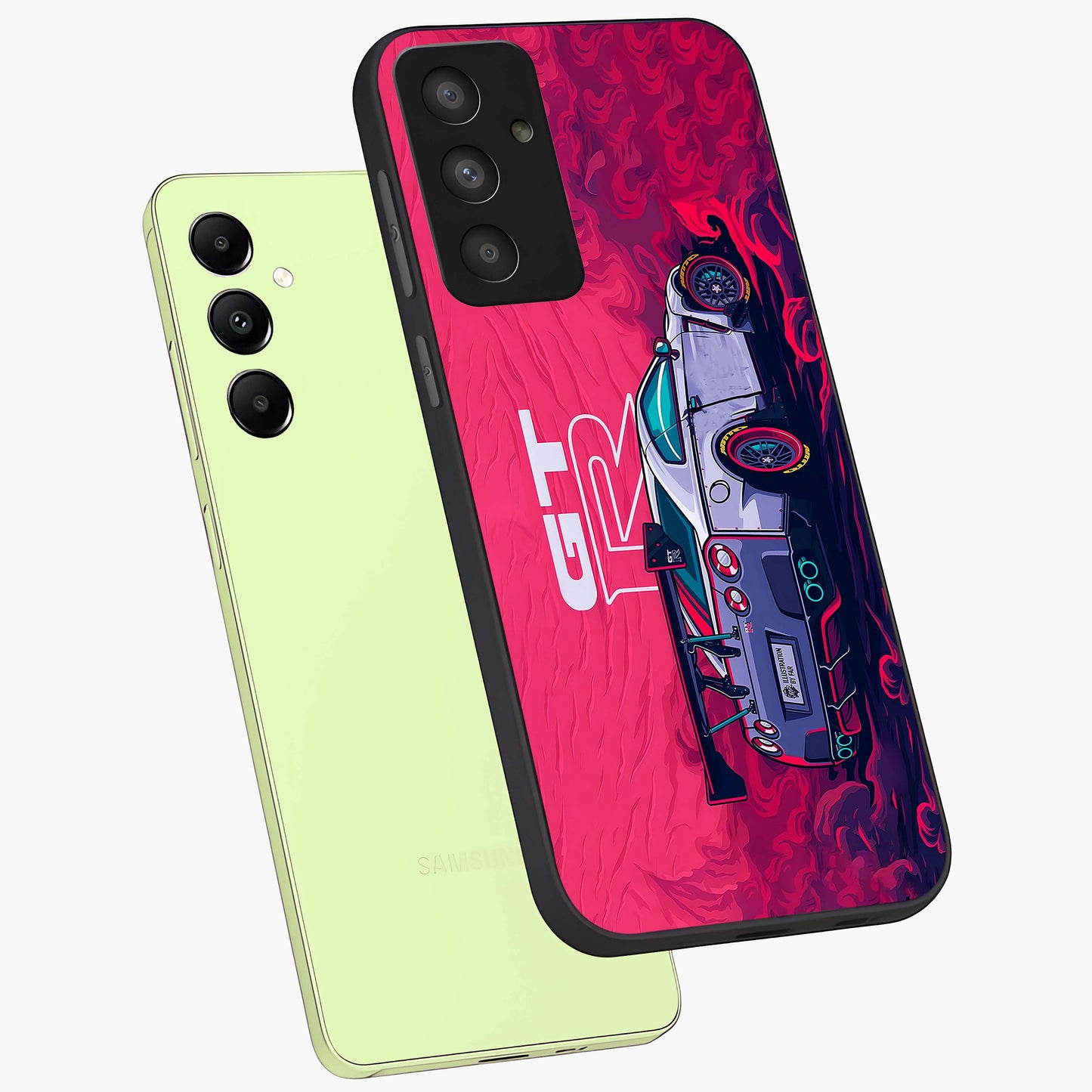 GT-R Car Pattern Glass Case displayed in angled mockup highlighting racing car graphic design with bold automotive aesthetic.