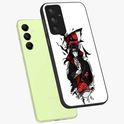 Itachi Limited Edition Naruto Anime Glass Case displayed in angled mockup highlighting dramatic anime illustration with bold action aesthetic.