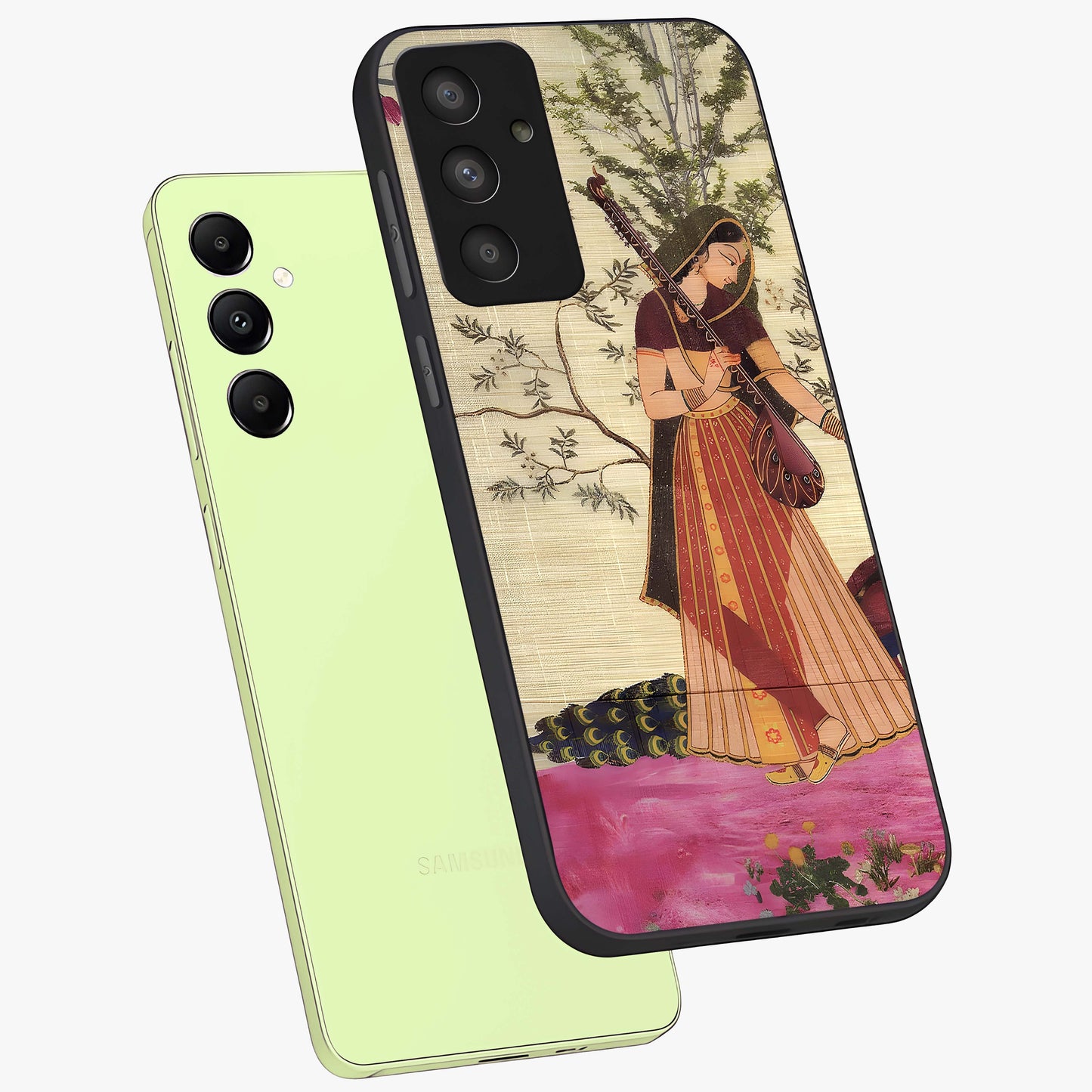 Lady With Veena Art Glass Case displayed in angled mockup highlighting graceful musical illustration with cultural artistic aesthetic.