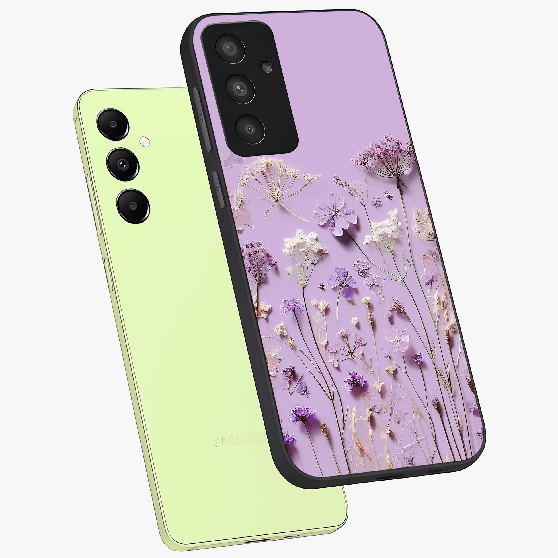 Lavender Blossom Dream Glass Case displayed in angled mockup highlighting dreamy lavender flower design with calming aesthetic style.
