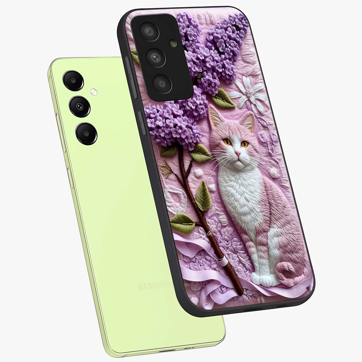 Lavender Cat Whimsy Glass Case displayed in angled mockup highlighting playful feline illustration with pastel lavender aesthetic.