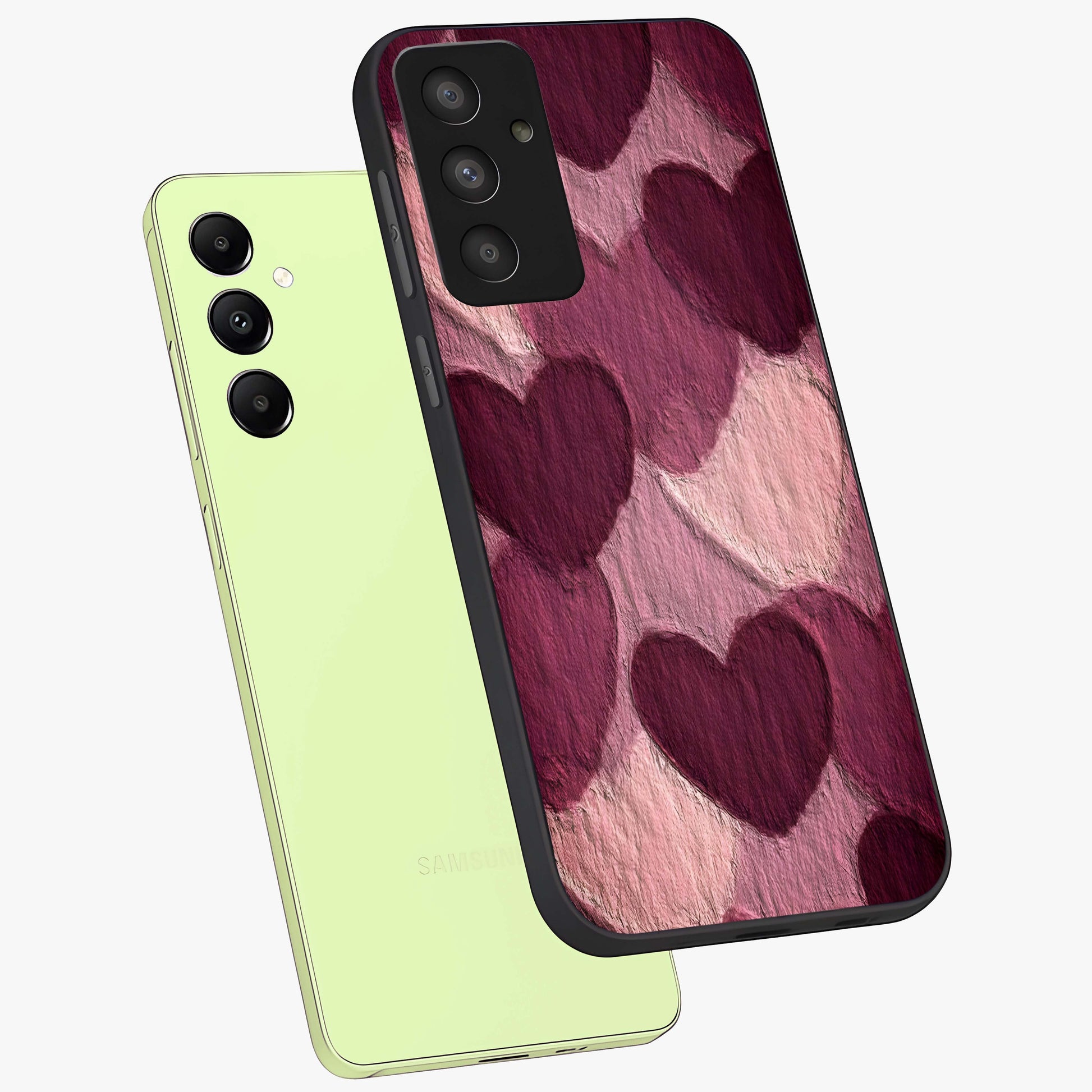 Layered Paper Hearts Glass Case displayed in angled mockup highlighting creative paper craft heart design with romantic aesthetic.