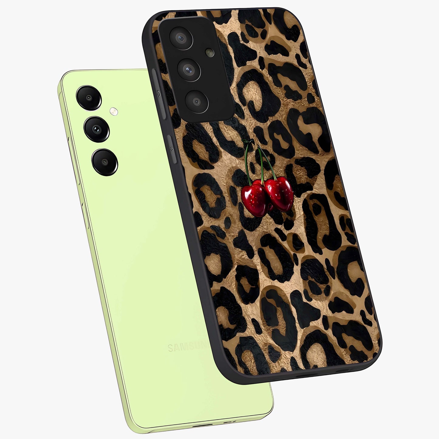 Leopard Wild Cherry Glass Case displayed in angled mockup highlighting bold animal print design with playful cherry aesthetic.