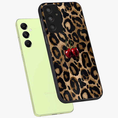 Leopard Wild Cherry Glass Case displayed in angled mockup highlighting bold animal print design with playful cherry aesthetic.