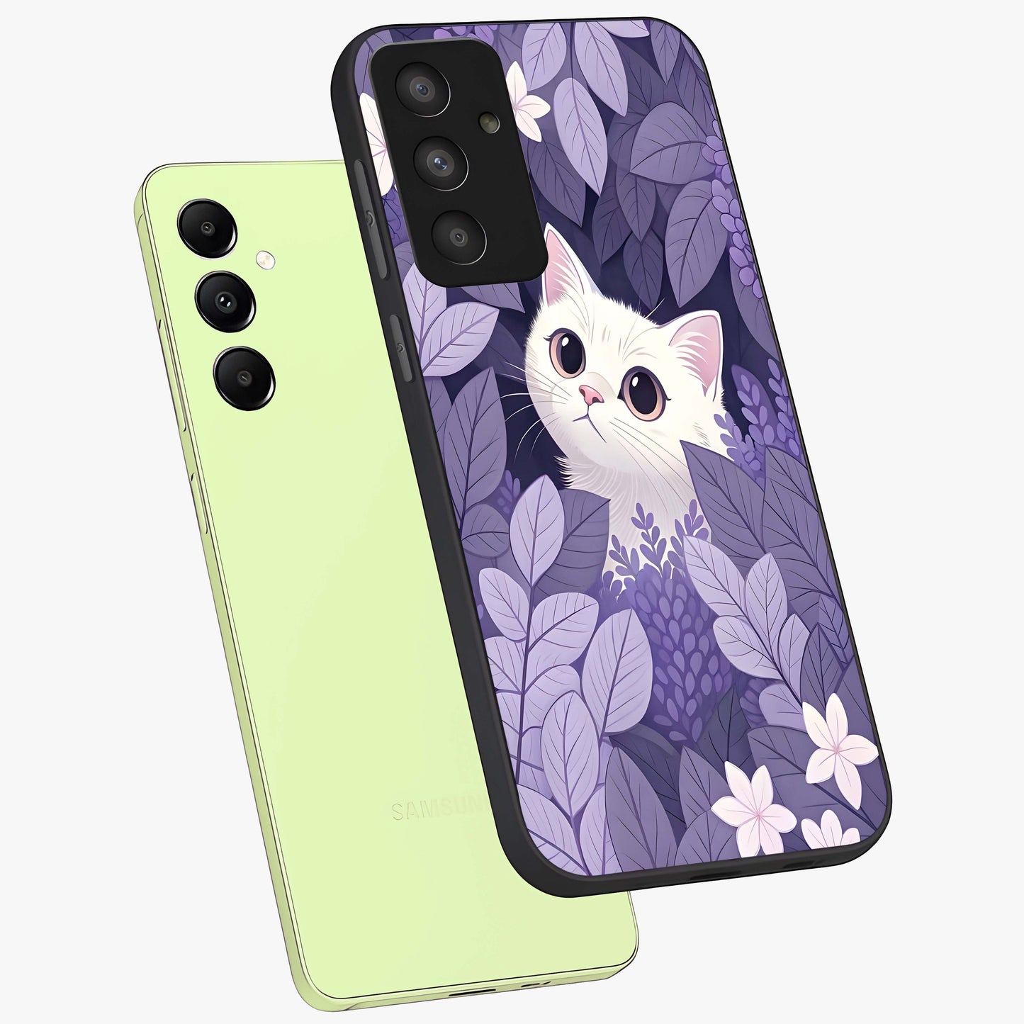 Lilac Hide Peek Cat Glass Case displayed in angled mockup highlighting playful feline illustration with lilac aesthetic design.