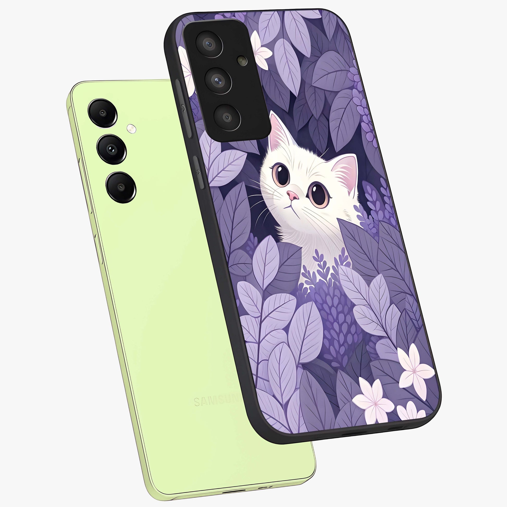 Lilac Hide Peek Cat Glass Case displayed in angled mockup highlighting playful feline illustration with lilac aesthetic design.