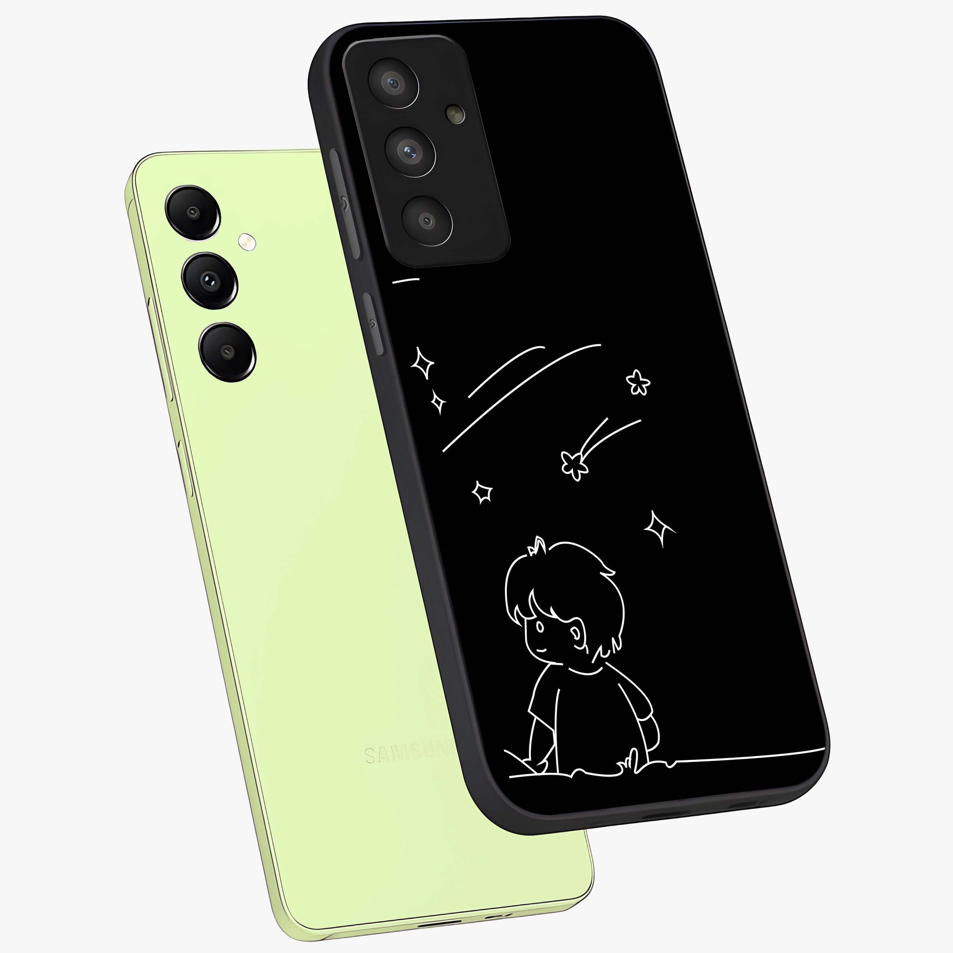 Line Art Boy With Shooting Stars Glass Case displayed in angled mockup highlighting elegant line art design with dreamy star aesthetic.