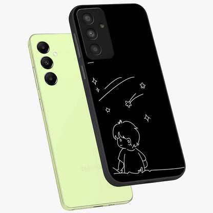 Line Art Boy With Shooting Stars Glass Case displayed in angled mockup highlighting elegant line art design with dreamy star aesthetic.