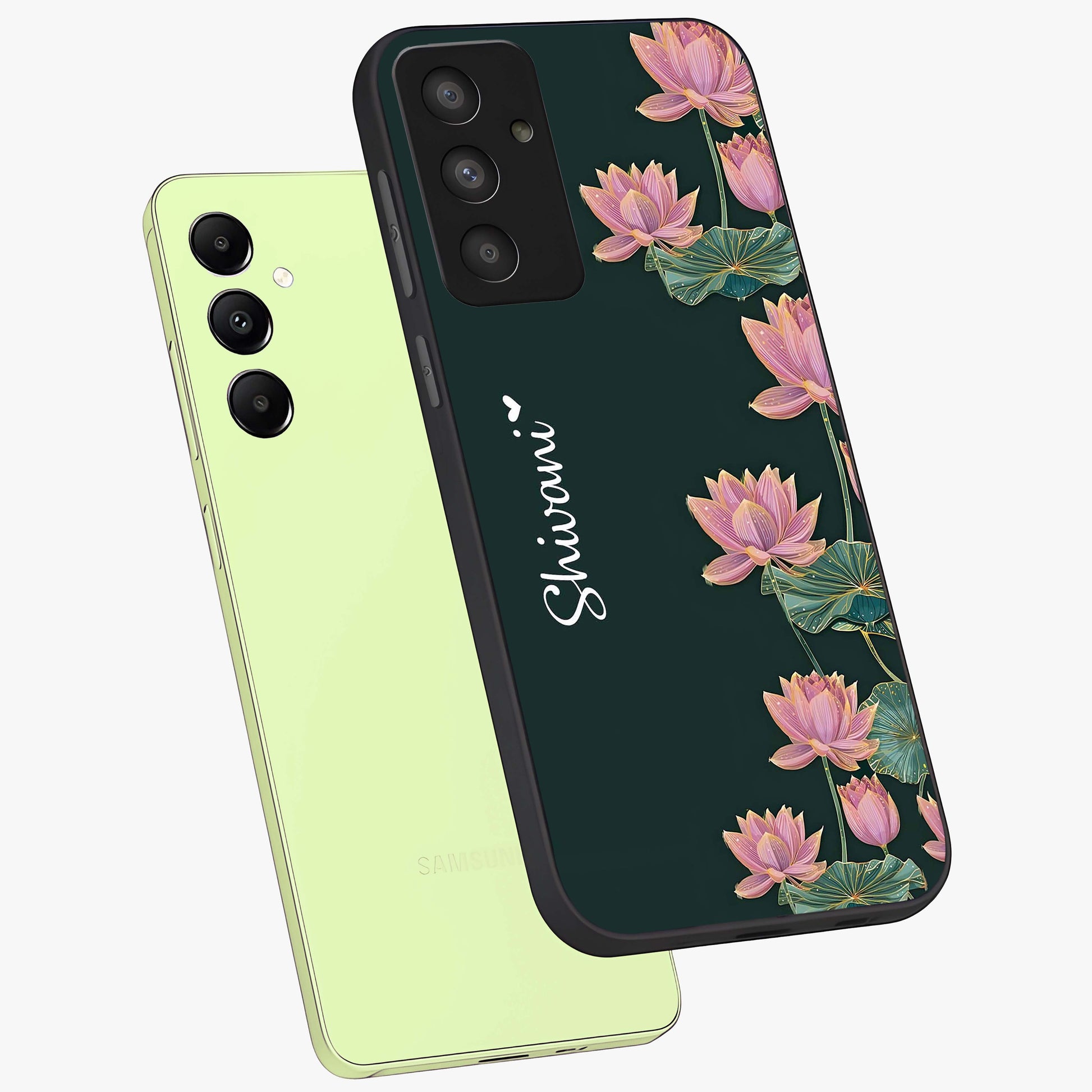 Lotus Bloom Serenity Custom Name Glass Case displayed in angled mockup highlighting graceful lotus illustration with custom name feature.