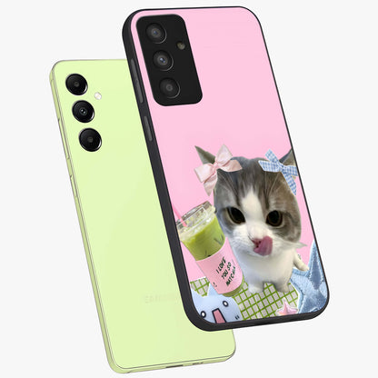 Love Matcha Cat Glass Case displayed in angled mockup highlighting playful feline illustration with cozy matcha aesthetic.