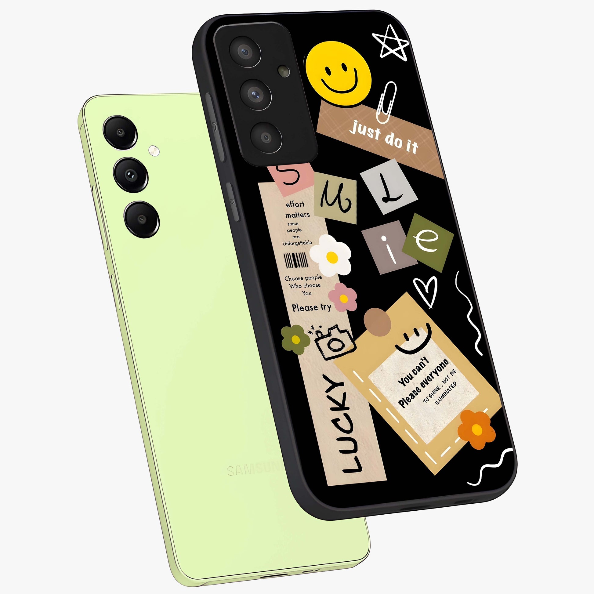 Lucky Aesthetic Collage Glass Case displayed in angled mockup highlighting stylish collage pattern with modern aesthetic vibe.