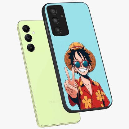 Luffy Summer Anime Vibe Glass Case displayed in angled mockup highlighting energetic anime illustration with summer vibe aesthetic.