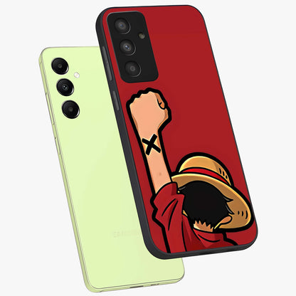 Luffy X Spirit Glass Case displayed in angled mockup highlighting powerful anime design with energetic action aesthetic.