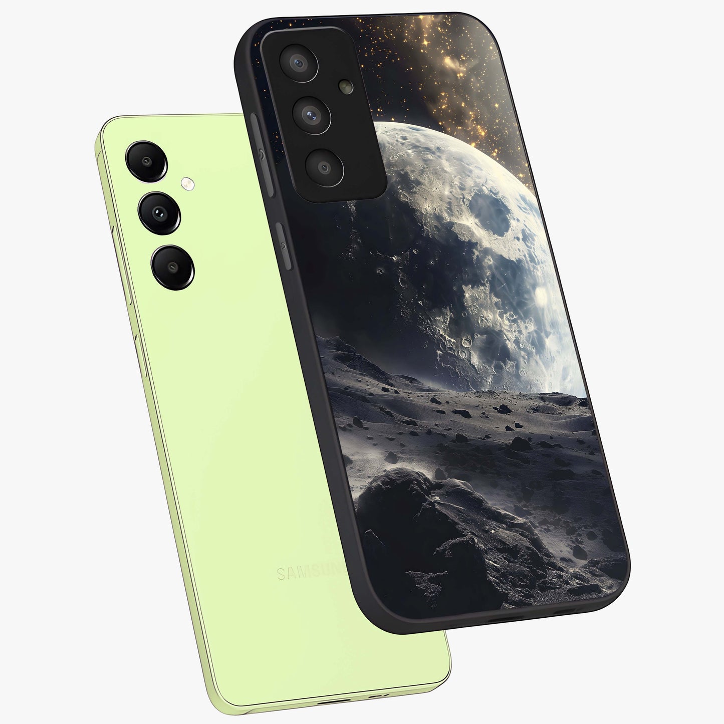 Lunar Horizon Glow Glass Case displayed in angled mockup highlighting celestial moon design with dreamy night aesthetic.