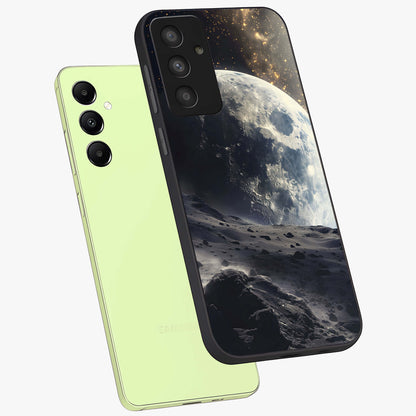 Lunar Horizon Glow Glass Case displayed in angled mockup highlighting celestial moon design with dreamy night aesthetic.